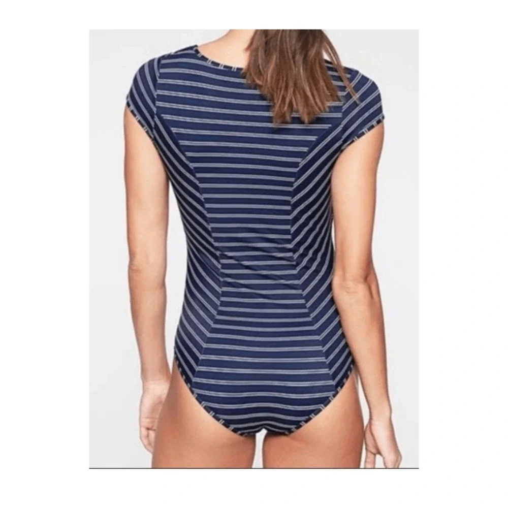 Athleta Swimsuit French Stripe Navy Blue Tie Front Cut Out One Piece Size L